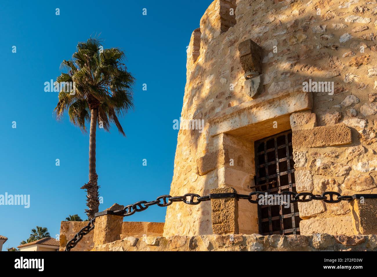 Detail of the Torre del Moro in the park in the coastal town of Torrevieja, Alicante, Valencian Community. Spain, Mediterranean Sea on the costa Stock Photo