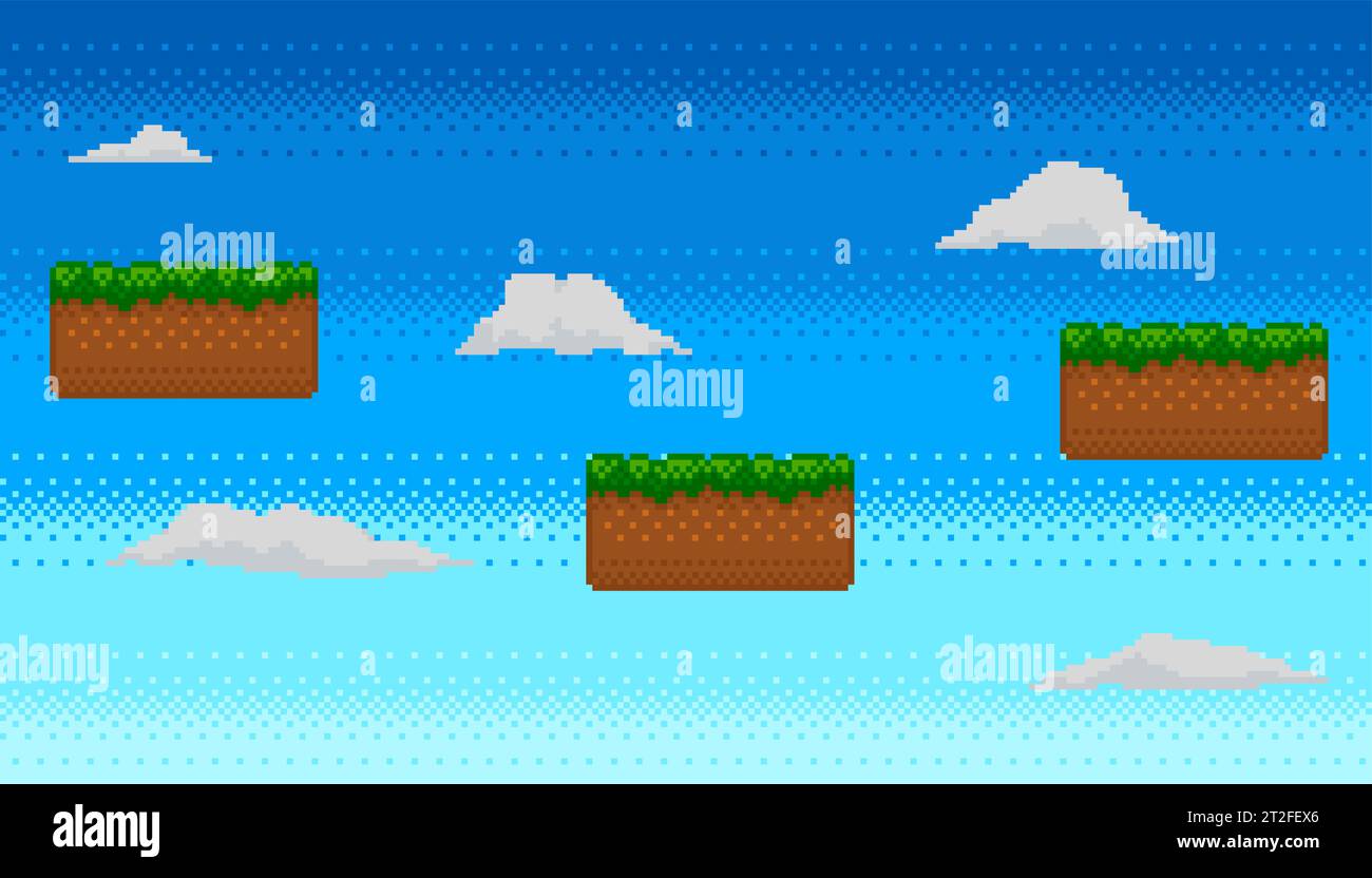 Pixel art game background. Picturesque landscape with floating platforms and clouds in the sky. Platformer 8 bit. Vector illustration Stock Vector