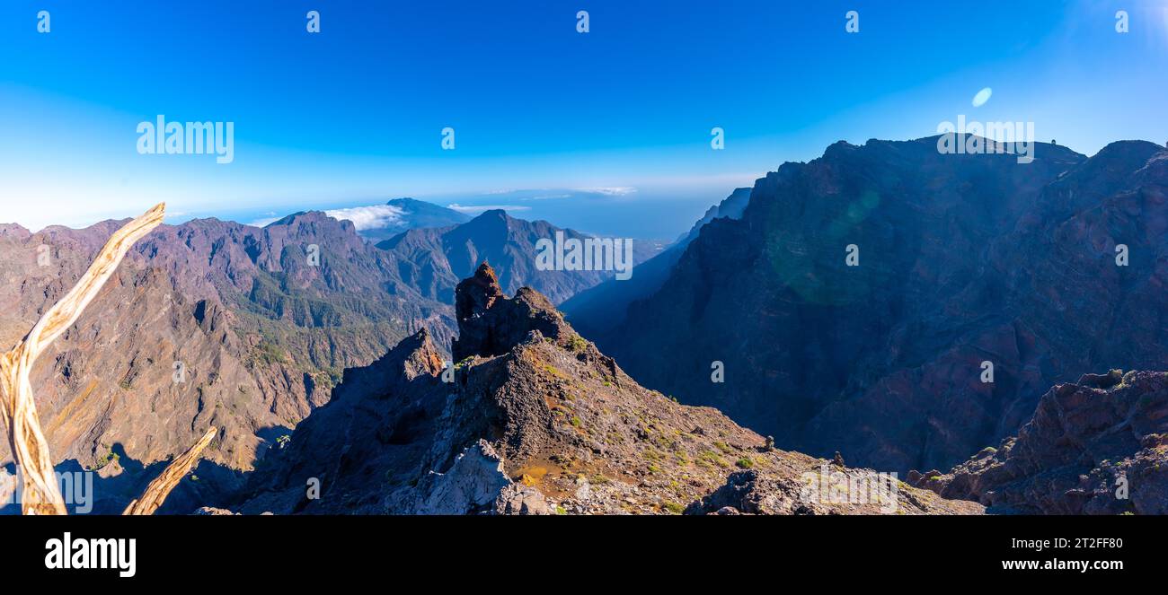 Natural viewpoint of the Caldera de Taburiente on the trek near Roque de los Muchachos one summer afternoon, La Palma, Canary Islands. Spain Stock Photo