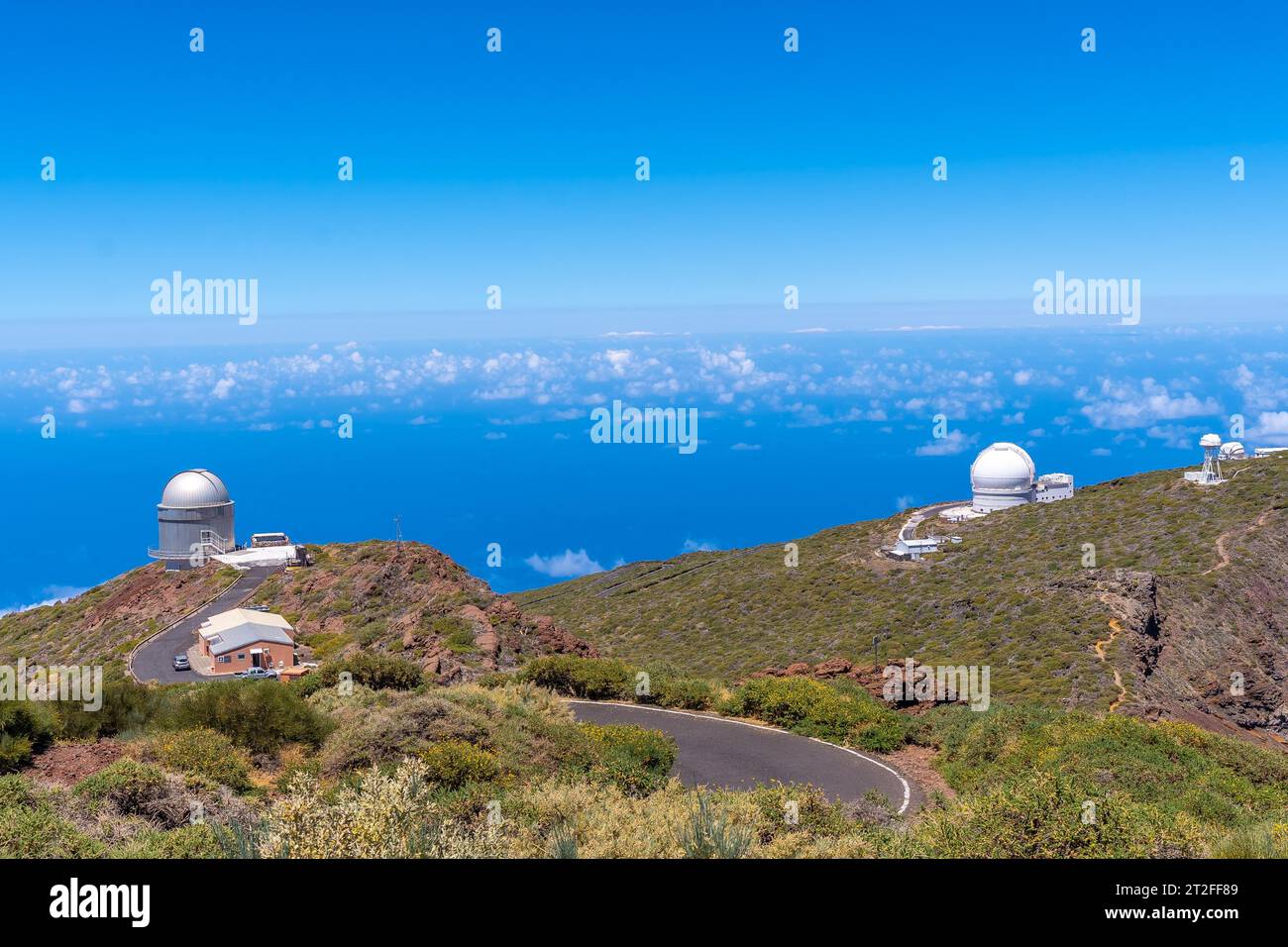 Telescopes from the top of Roque de los Muchachos on top of the Caldera de Taburiente, La Palma, Canary Islands. Spain Stock Photo