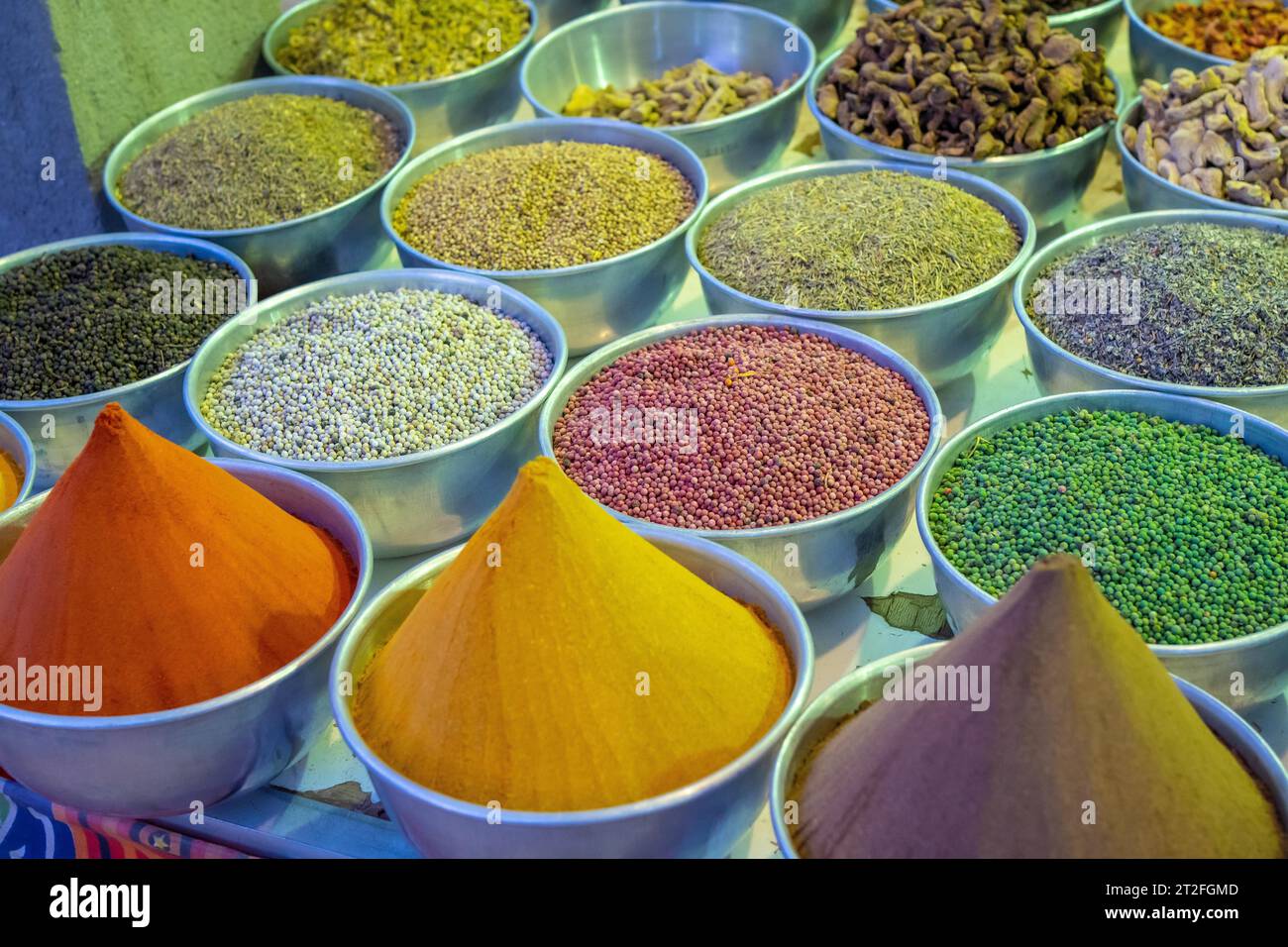 Colorful species market in a bazaar in a Nubian village along the Nile river and near the city Aswan. Egypt Stock Photo