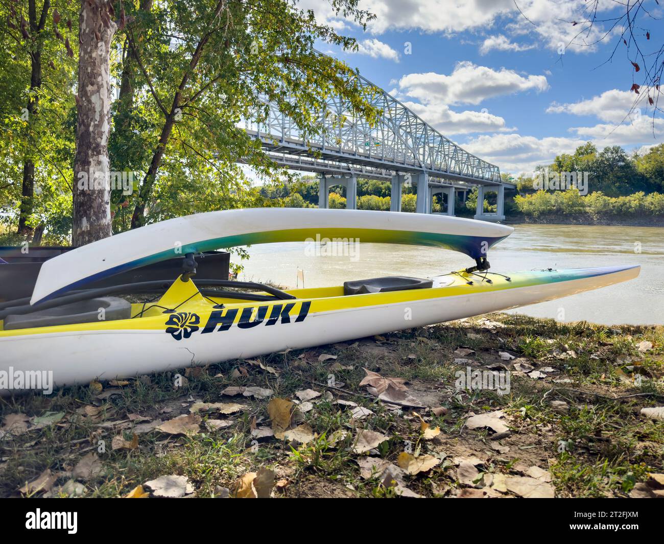 Jefferson City, MO, USA - October 7, 2023: Huki, high performance outrigger canoe prepared for transportation at Wilson Serenity Point (Noren River Ac Stock Photo