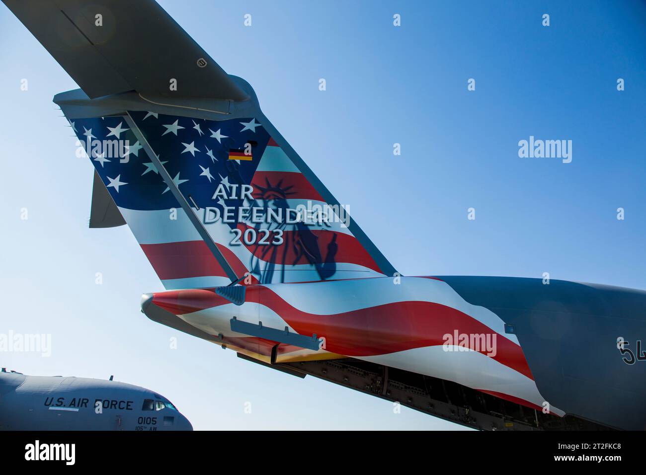 Tail of a German Airbus A400 with the logo of NATO Exercise Air Defender 2023. Stock Photo