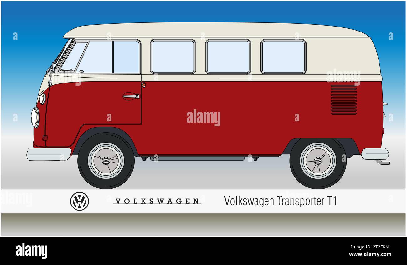 Germany, year 1964, Volkswagen Transporter T1 vintage car silhouette, coloured with red color, vector illustration Stock Photo