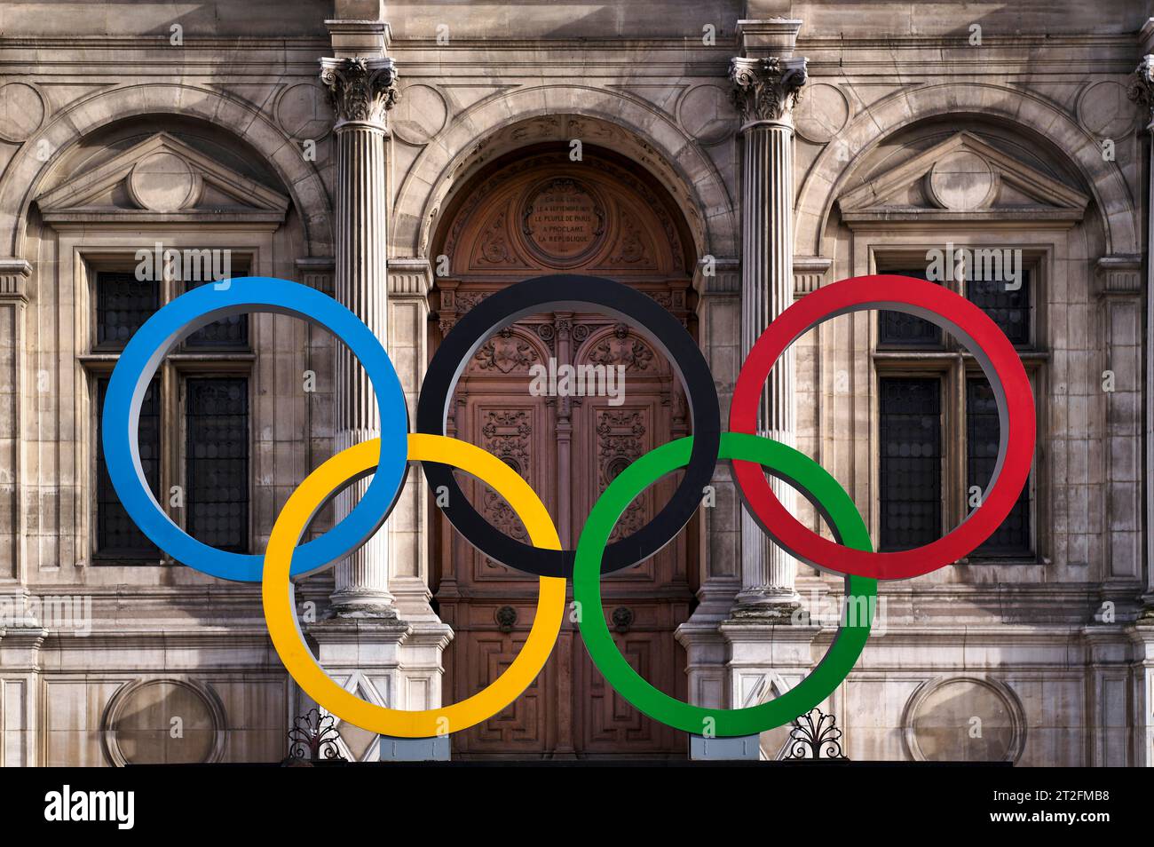 Olympic Rings, Olympic Games, Logo, on the occasion of the 2024 Olympics in Paris, City Hall, Hotel de Ville, Paris, France Stock Photo
