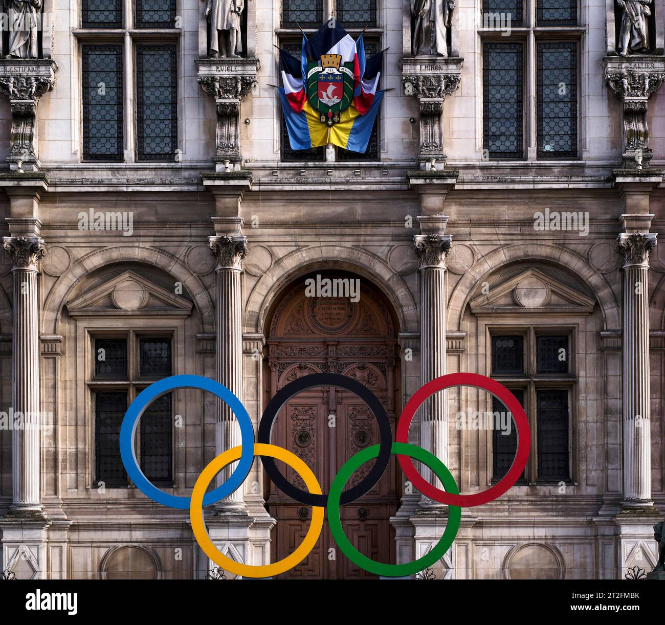 Olympic Rings, Olympic Games, Logo, on the occasion of the 2024 Olympics in Paris, City Hall, Hotel de Ville, Paris, France Stock Photo