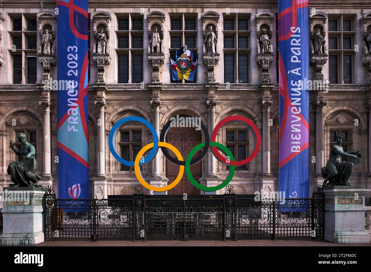Logo Rugby, World Cup, World Cup 2023, Olympic Rings, Olympic Games, Logo, on the occasion of the 2024 Olympics in Paris, City Hall, Hotel de Ville Stock Photo