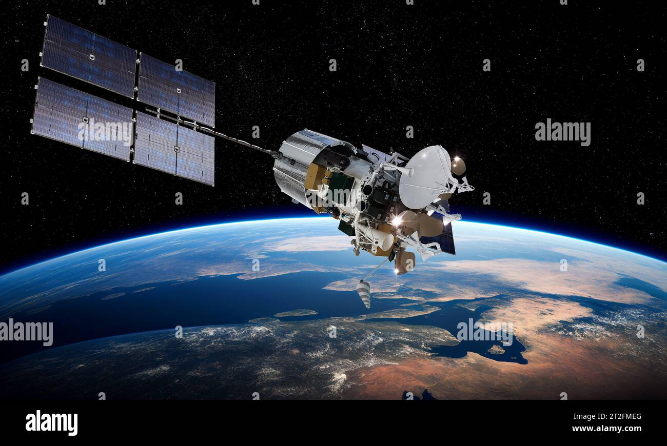 Modern telecommunication space satellite at Earth orbit. 3d rendering background Stock Photo