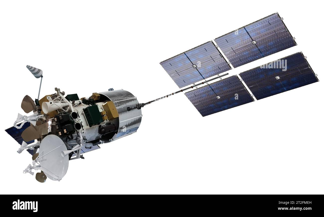 Modern telecommunication space satellite isolated Stock Photo