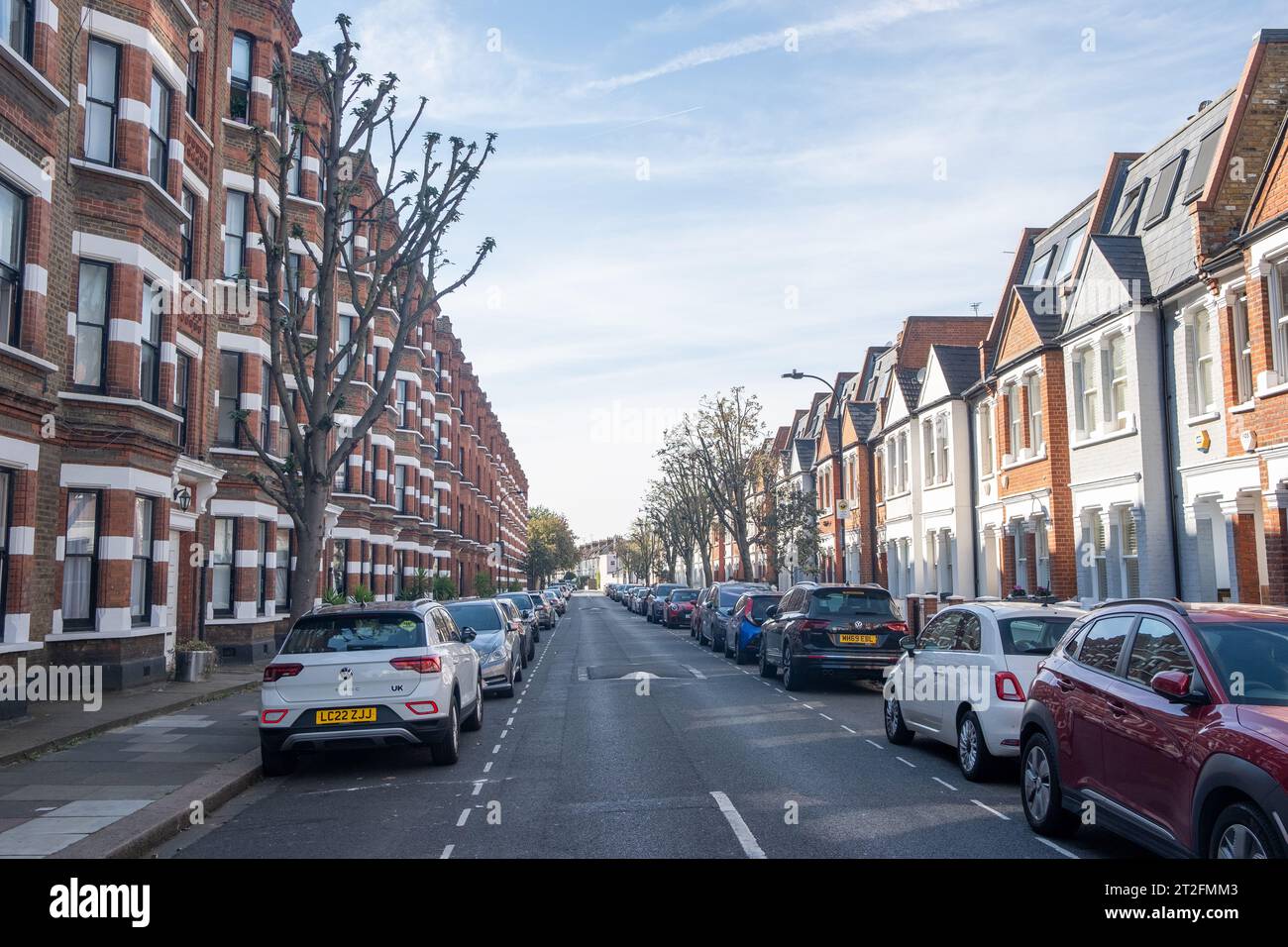 London- October 10, 2023: Terraced residential houses off Munster Road in Fulham SW6 area of south west London Stock Photo