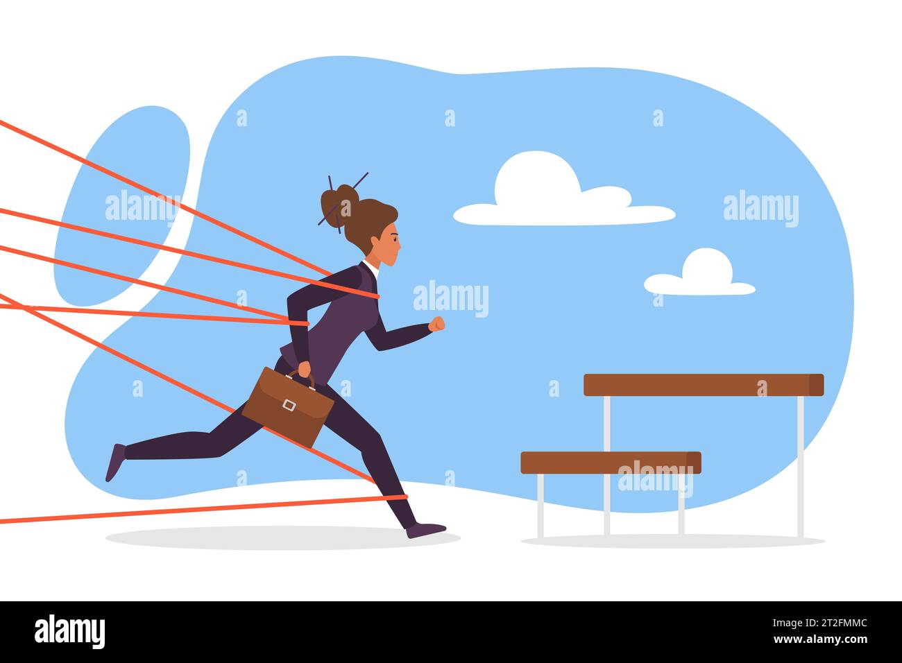Career obstacle for businesswoman, inequality and sexism vector illustration. Cartoon female employee running towards barrier with perseverance to jump, difficulty of overcoming barricade for woman Stock Vector