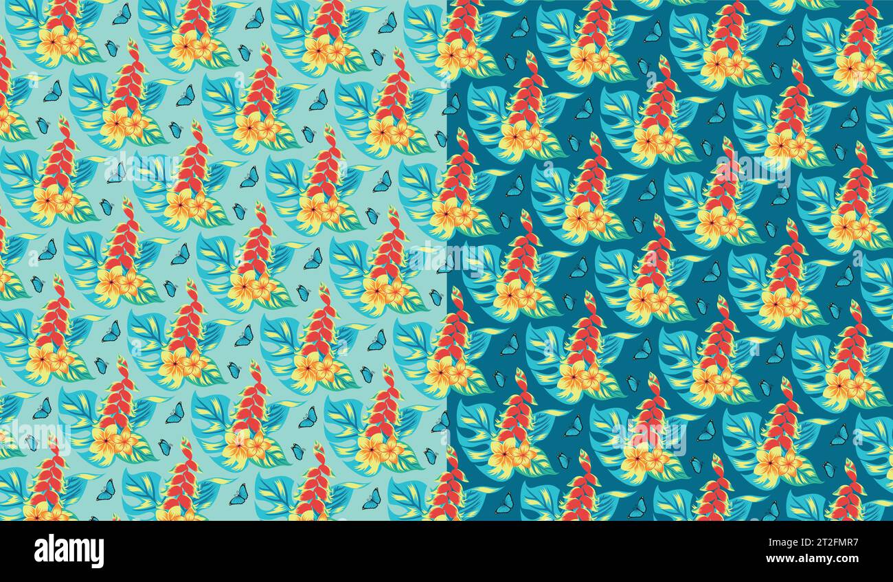 Tropical pattern with flowers and butterflies. On blue background. Stock Vector