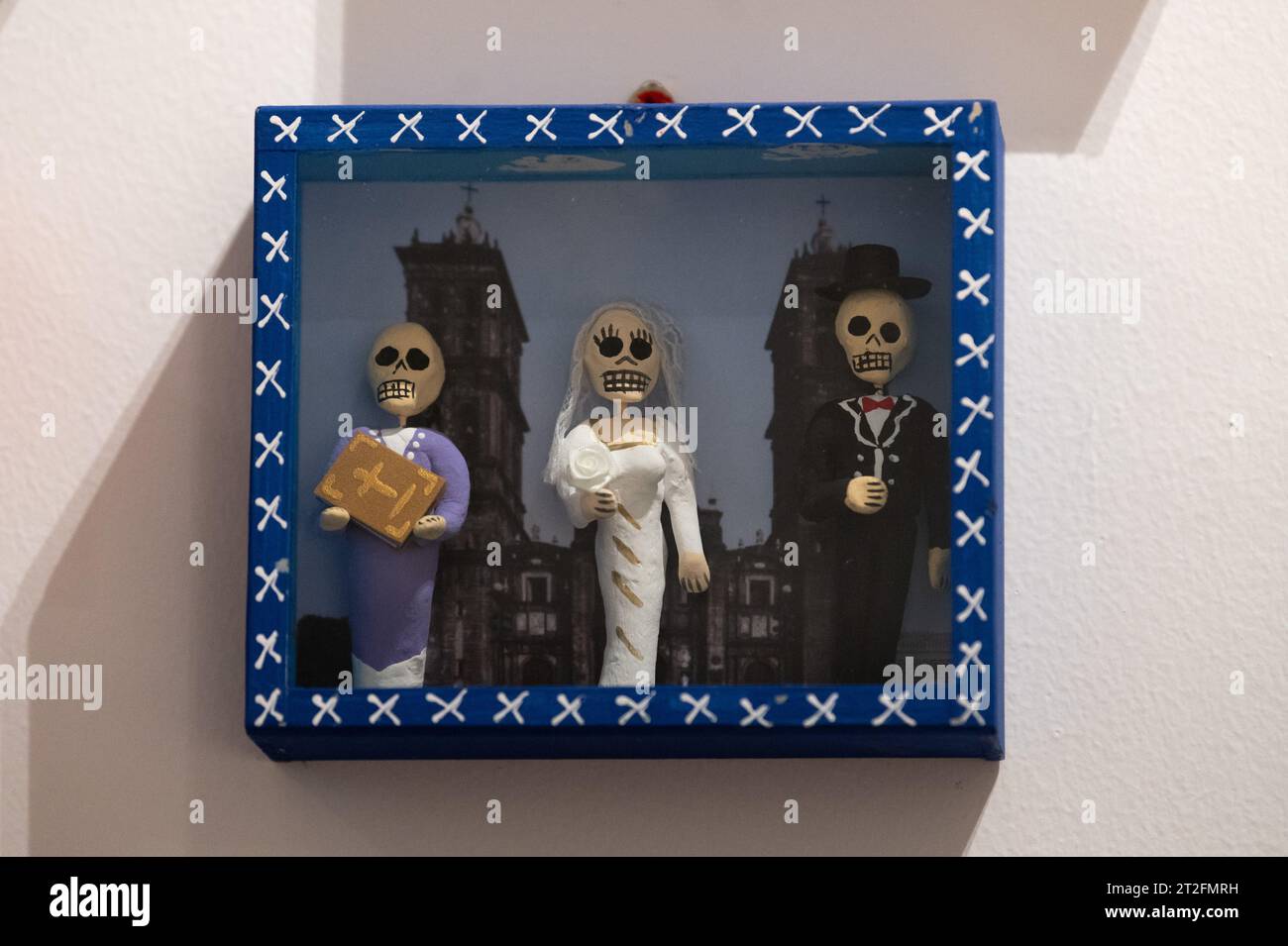 Decorated skeleton miniatures in Casa de Mexico Foundation as part of the celebrations and events for the Day of the Dead. The 6th edition of the alta Stock Photo