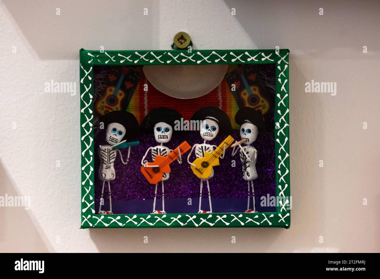 Decorated skeleton miniatures in Casa de Mexico Foundation as part of the celebrations and events for the Day of the Dead. The 6th edition of the alta Stock Photo