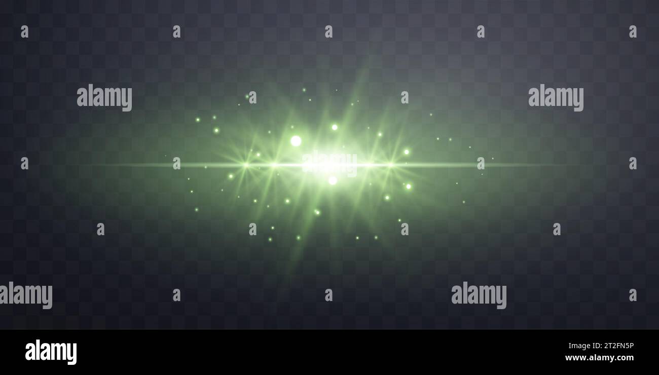Green horizontal lensflare. Light flash with rays or green spotlight