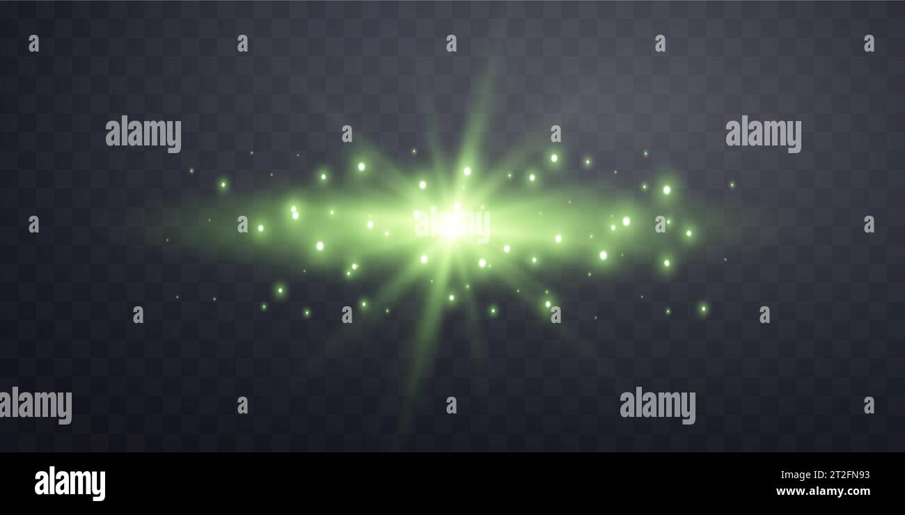Green horizontal lensflare. Light flash with rays or green spotlight