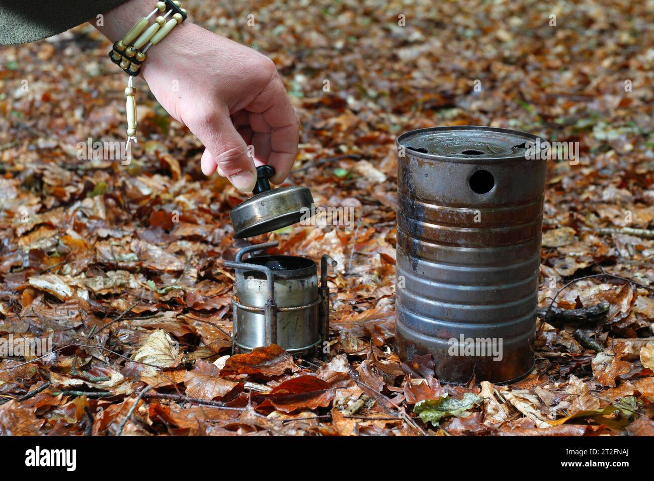 Making coffee, simple spirit cooker, living in nature, Mueritz National Park, Mecklenburg-Vorpommern, Germany Stock Photo
