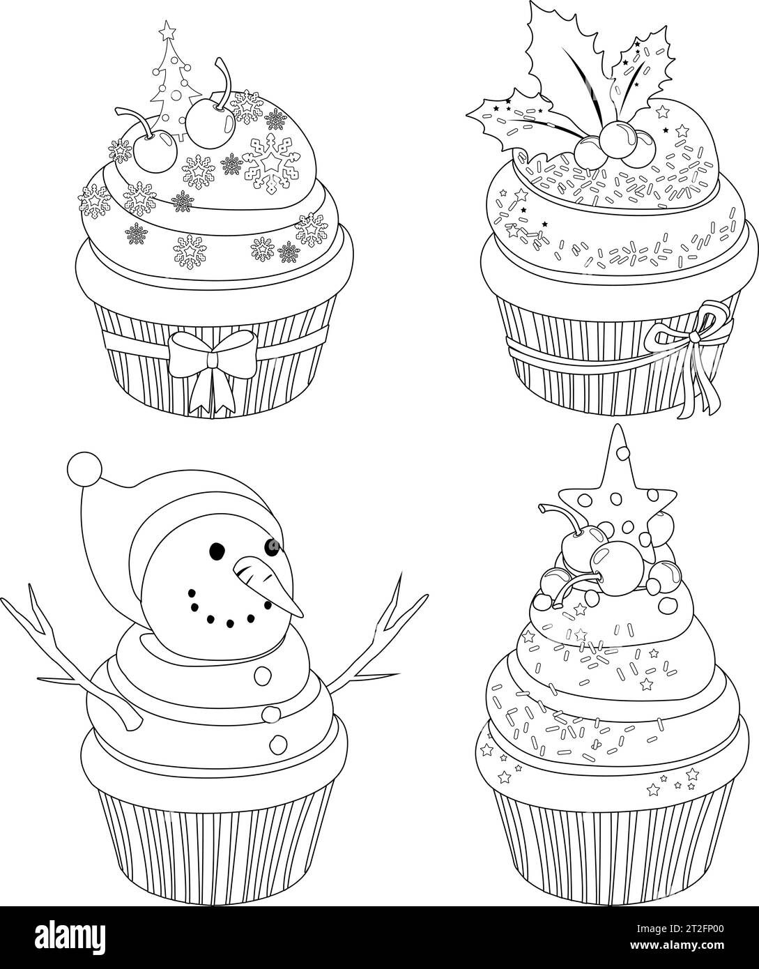 Christmas cupcakes collection. Vector black and white coloring page