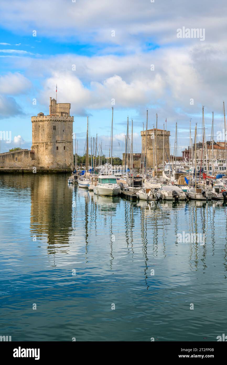 The Old Port harbour in beautiful seaside town of La Rochelle on the west coast of France. A tourist attraction with yachts and fishing boats. Stock Photo