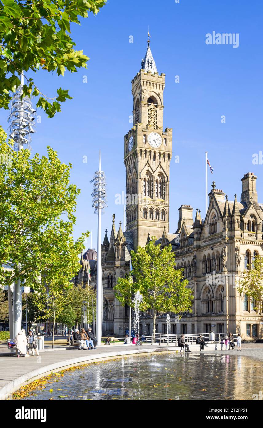 Bradford Town Hall clock tower or Bradford City Hall in Bradford city centre Centenary Square with fountains Bradford Yorkshire England UK GB Europe Stock Photo