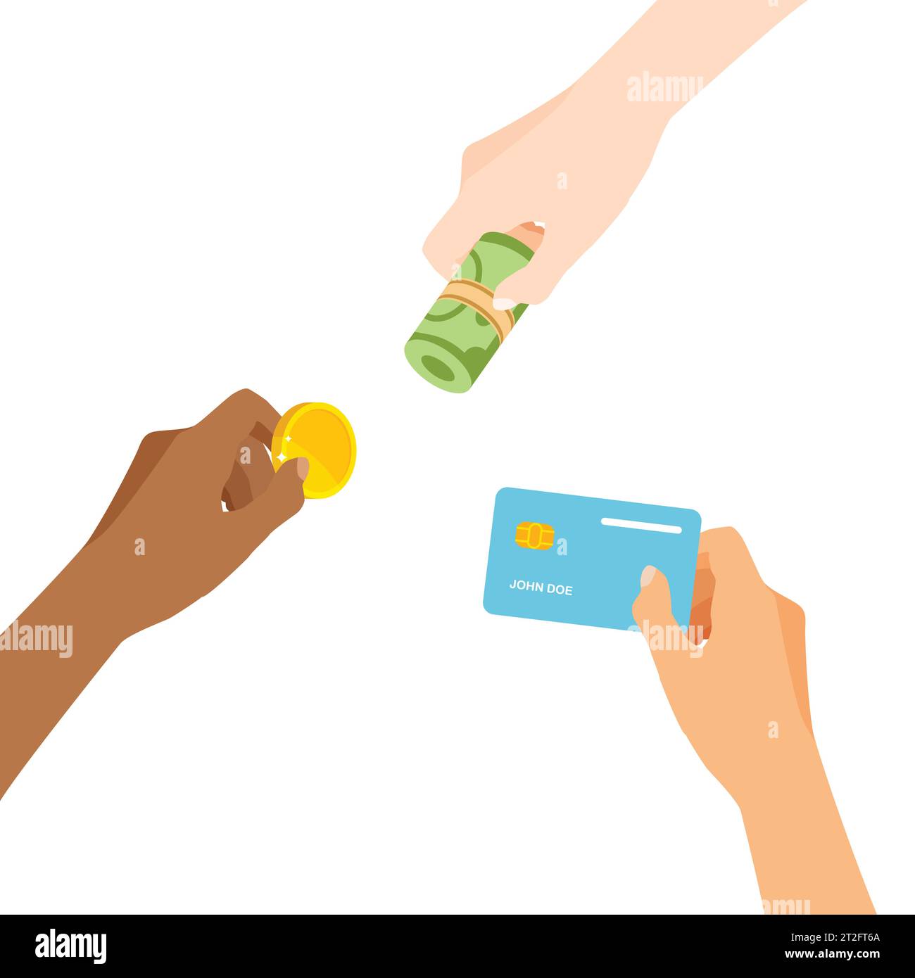 Vector hands pay in different way. Businessman hand holding money, coin, credit card. Contactless cashless payments. Stock Vector