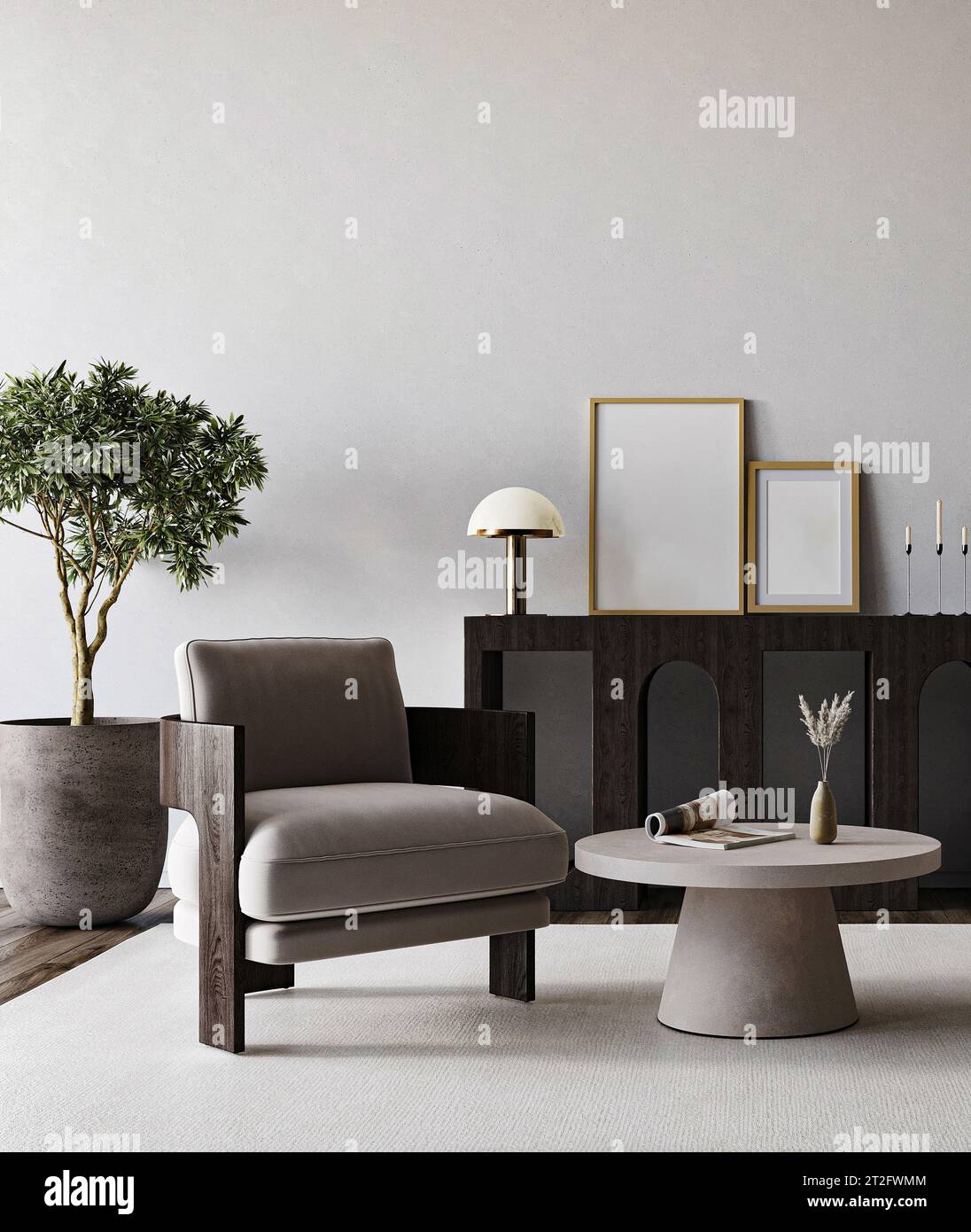 Modern gray livingroom with armchair, console and tree background. Dark ...