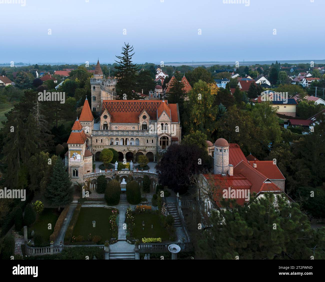 Bory castle is a cute attraction in Szekesfehervar city, Hungary. Aerial view of the amazing building at sunrise time. Stock Photo