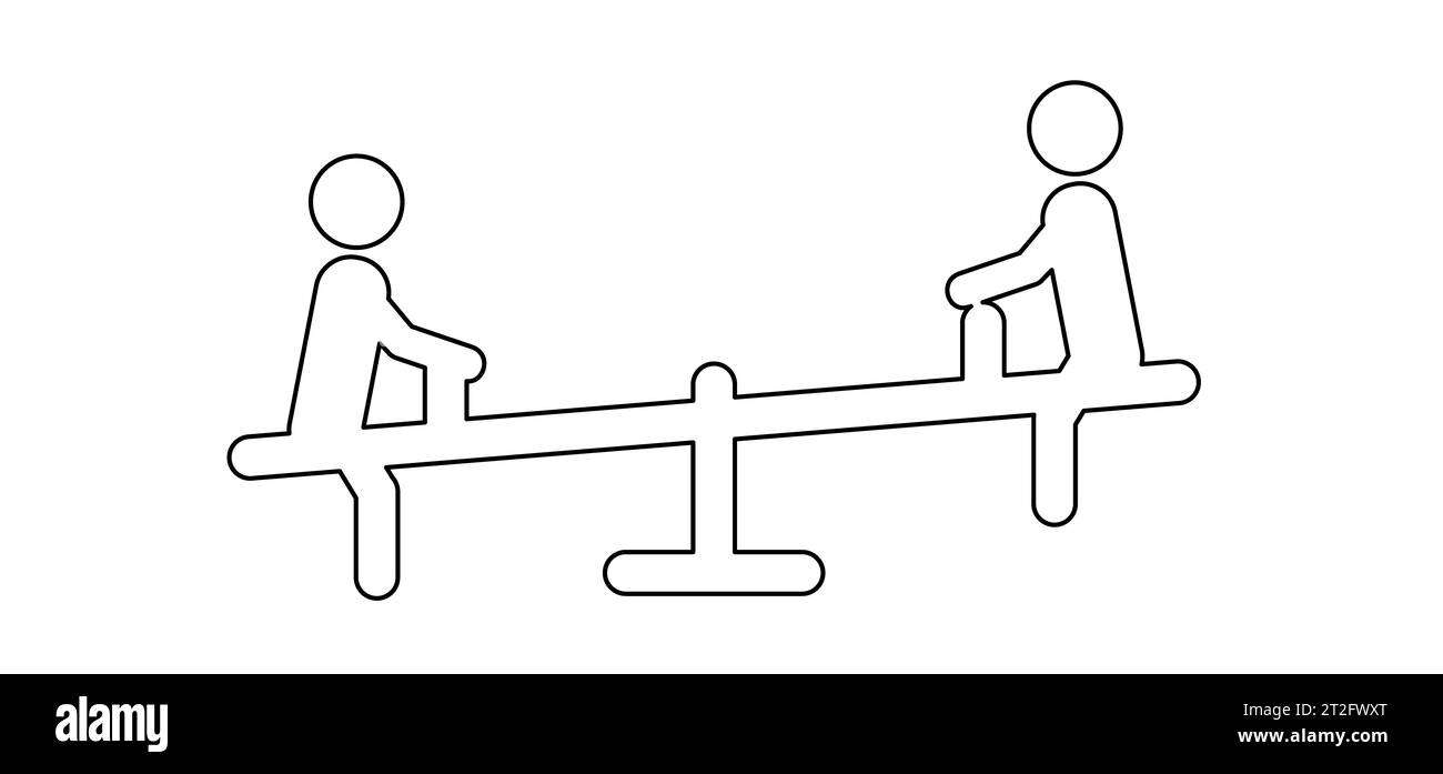 Cartoon stick figures man sitting on seesaw. Teetertotter or swing sign, Weighing balance scale concept. Kids, children play on the playground. Facili Stock Photo
