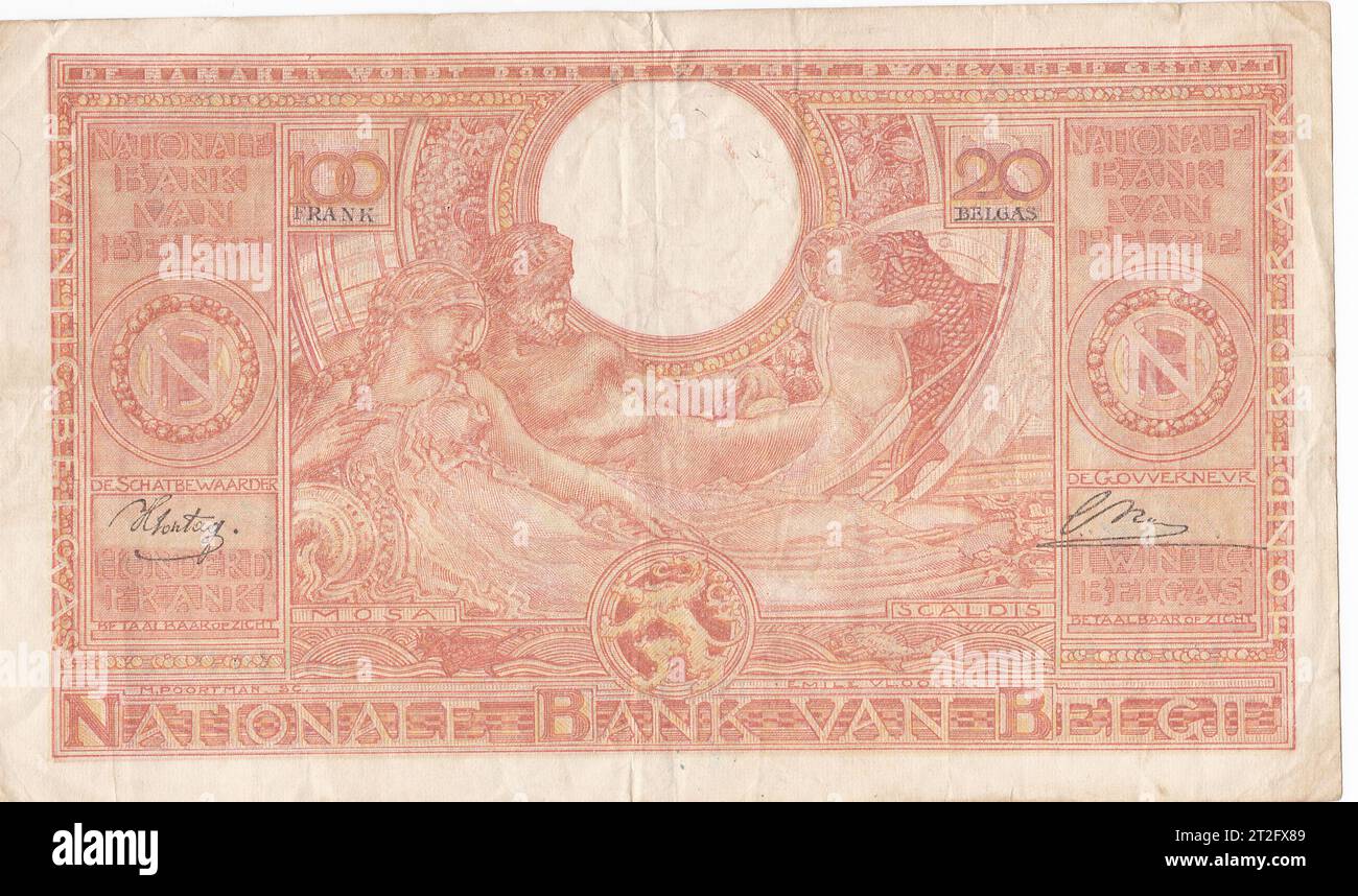 Hi - Res Belgium 100 Francs 1944 - Stock Photography Vintage Banknote of Historic Significance Stock Photo