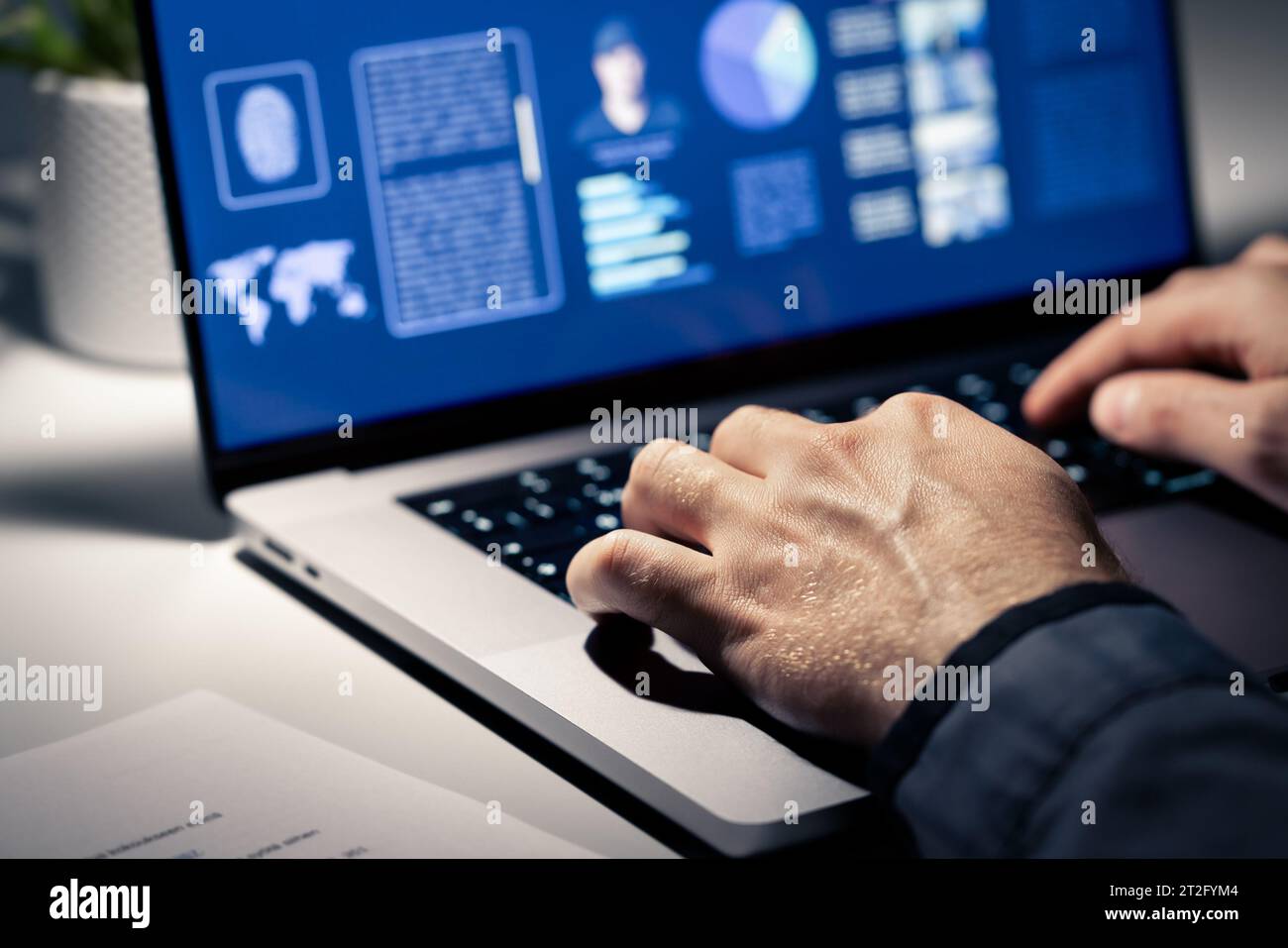 Criminal case investigation. Police or private detective using computer. Evidence document and profile of crime suspect with photo in laptop. Stock Photo