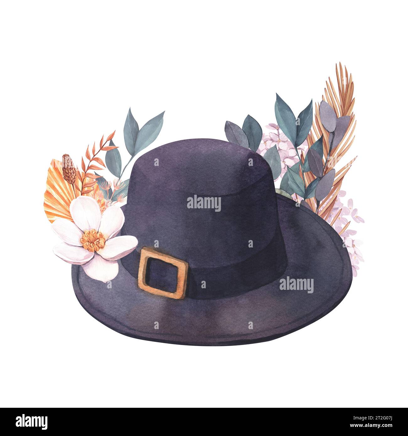 Watercolor realistic pilgrim black hat and leaves. Hand-drawn illustration isolated on white background. Perfect for card thanksgiving, packing Stock Photo