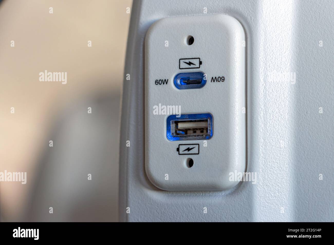 USB port at the seat of airplane for charging the electronics devices ...