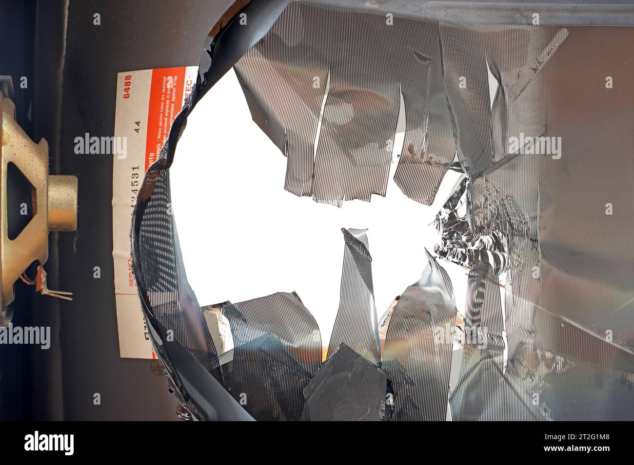A close up view of a broken vacuum screen of an old television Stock Photo