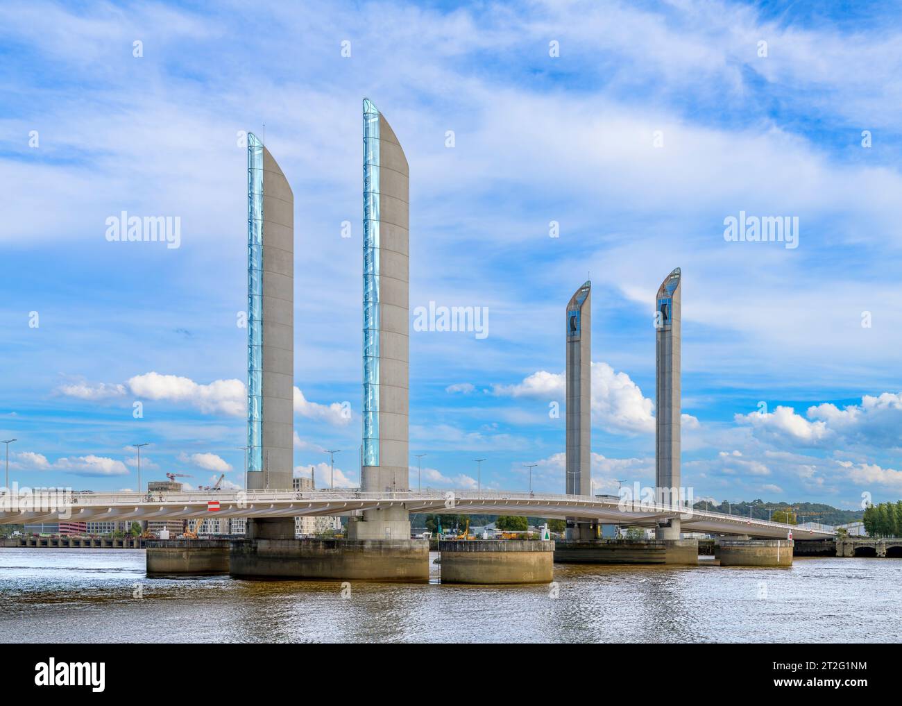 The Pont Jacques Chaban-Delmas bridges the Garonne in Bordeaux. The bridge raises by lowering counter-balance weights on cables to allow ships under. Stock Photo