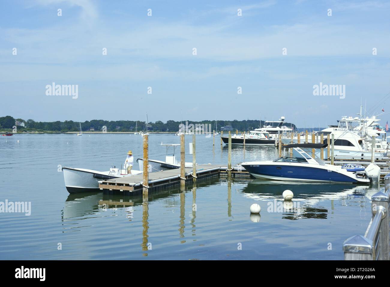 Panoramic of the marina on Bay Street in Sag Harbor, NY Stock Photo