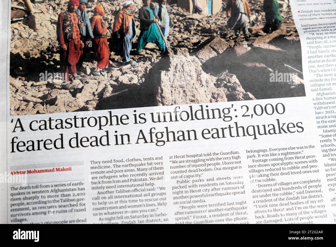 'A catastrophe is unfolding: 2000 feared dead in Afghan earthquakes' Guardian newspaper headline Afghanistan earthquake article 9 October 2023 London Stock Photo