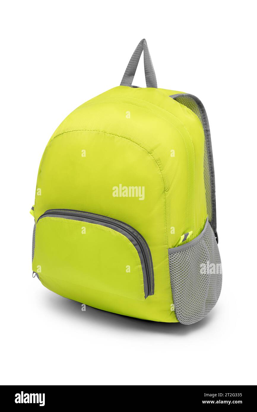 blank green backpack with zipper and shoulder straps isolated on white background. travel daypack rucksack. folding nylon school backpack. side view. Stock Photo