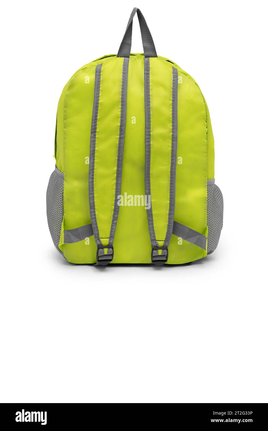 blank green backpack with zipper and shoulder straps isolated on white background. travel daypack rucksack. folding nylon school backpack. back view. Stock Photo