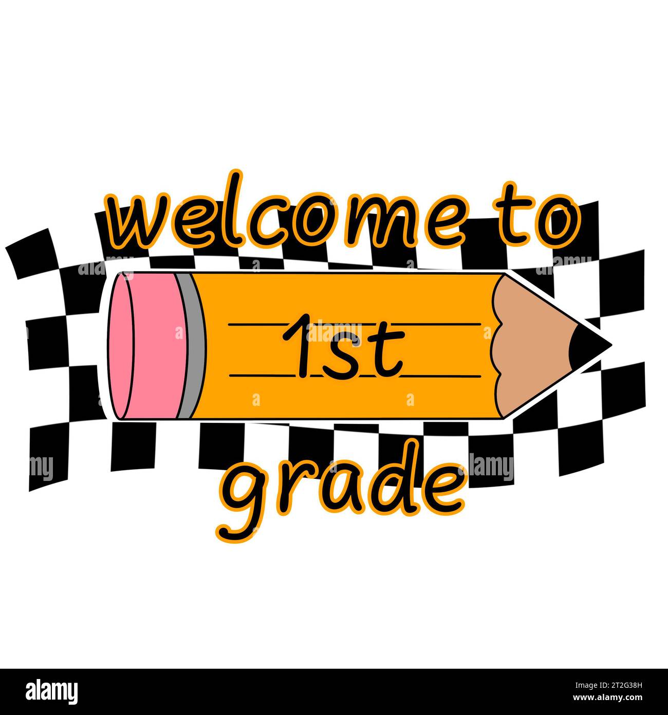 Welcome to first grade clip art with yellow pencil on checkerboard pattern background, isolated on white background Stock Photo