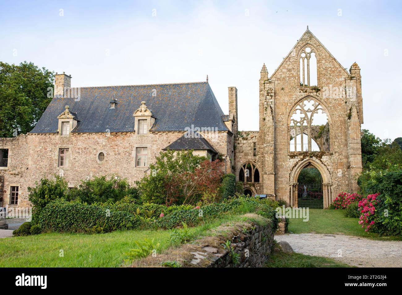 The main facade of Beauport Abbey, a roofless gothic building located in Paimpol, Cotes d'Armor, Brittany, France. August 2023, sunset view. Stock Photo