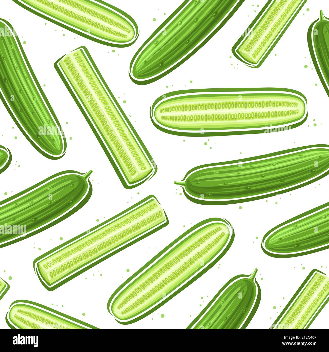 Vector Cucumber Seamless Pattern, repeat background with chopped ripe garden cucumbers for bed linen, decorative square poster with group of flat lay Stock Vector