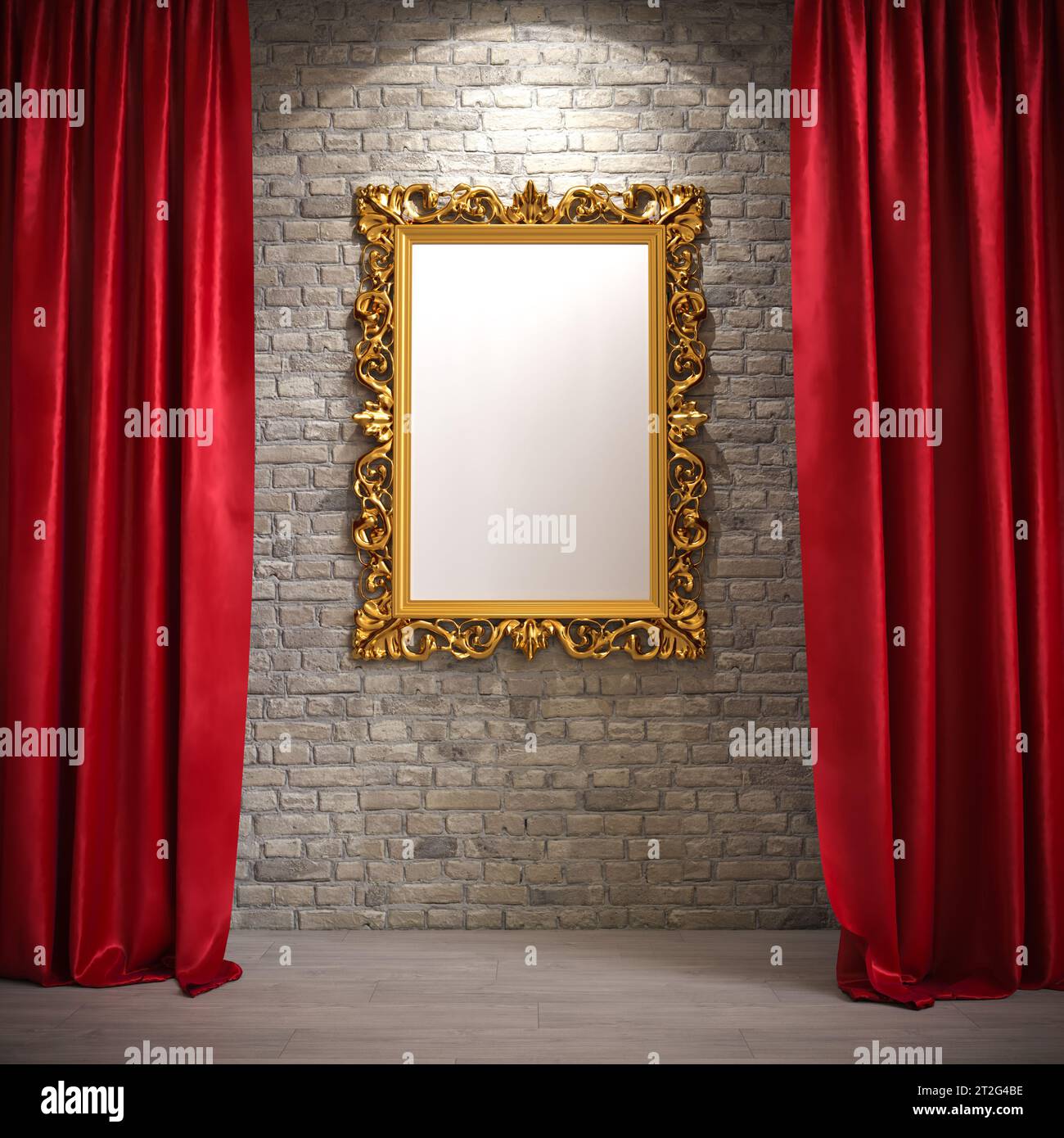 gold frame with white painting with red curtains. 3d render Stock Photo