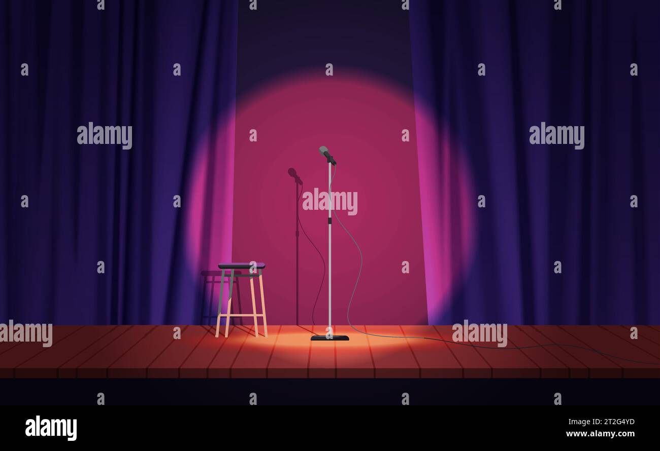 Theater stage for stand up show vector illustration. Cartoon scene of comedy club with microphone on stand and open purple curtains, wooden stool and spotlight circle for talent comedian on floor Stock Vector