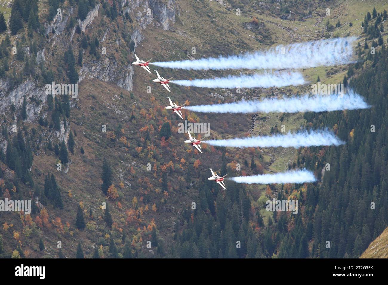 Die Kunstflugstaffel der Schweizer Luftwaffe Patrouille Suisse bei ihrer Vorführung auf der