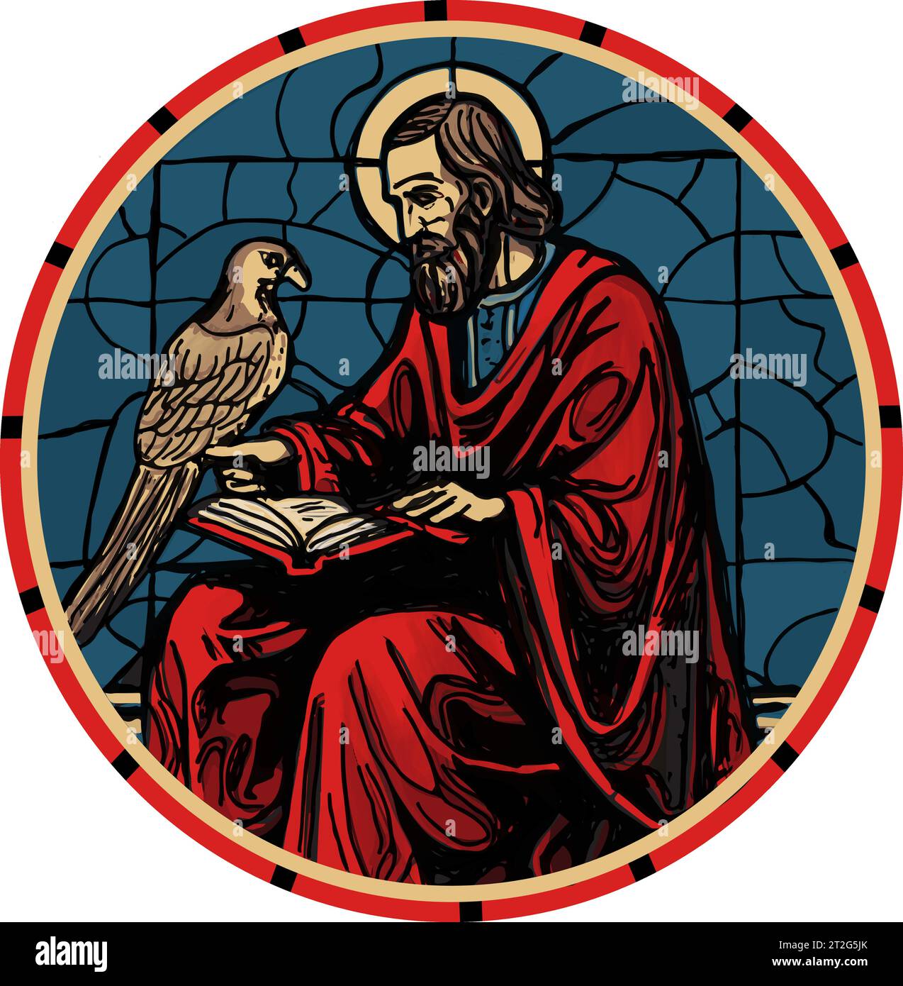 Round stained glass window of a Catholic Saint holding a bird, interpretation of St. Francis of Assisi or St. Gall, blue backgound with red border. Stock Vector