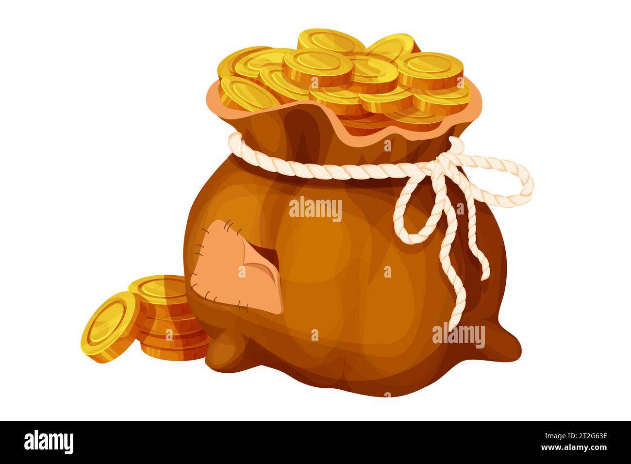 Money bag, sack with golden coins in cartoon style isolated on white. Game element asset success, trophy. . Vector illustration Stock Vector