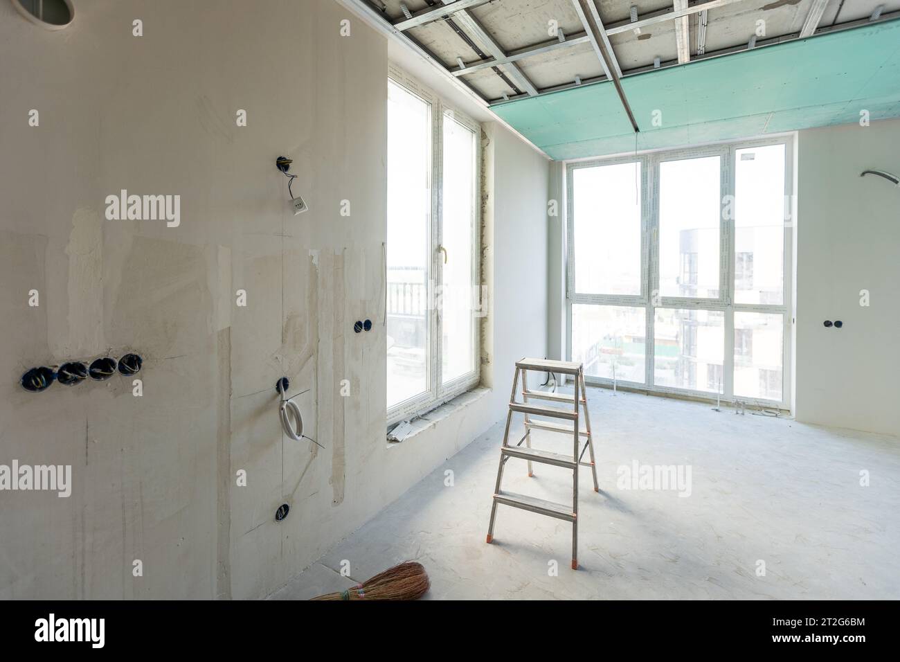 Drywall installation work in progress by construction workers at construction room. easiest and