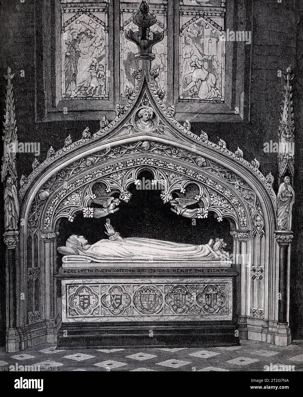 19th Century Illustration of Memorial Tomb of Queen Catherine Parr in Sudeley Castle from Sunday At Home Family Magazine for Sabbath Reading 1889-90 Stock Photo