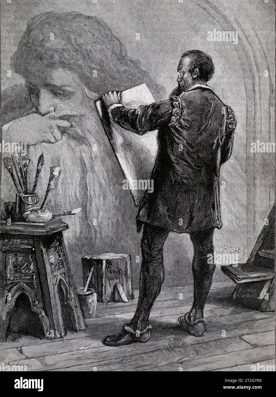 19th Century Illustration of Michelangelo Painting the Sistine Chapel from The Sunday At Home Family Magazine for Sabbath Reading 1889-90 Stock Photo