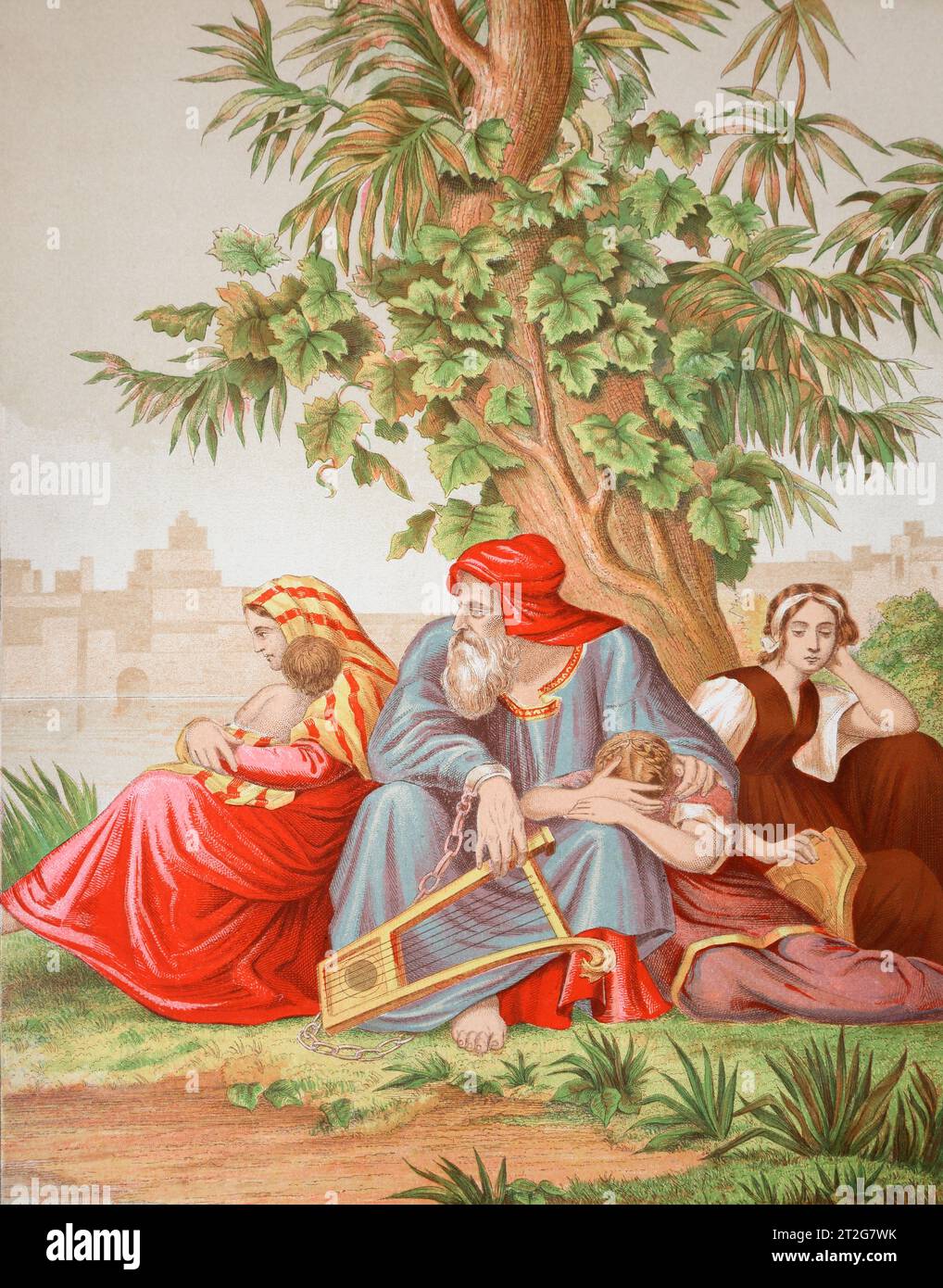 Captives by the river of Babylon Where they Sat down and Wept when they remembered Zion (Psalm CXXXVII) from 19th Century Holy Bible - The Self-Interp Stock Photo